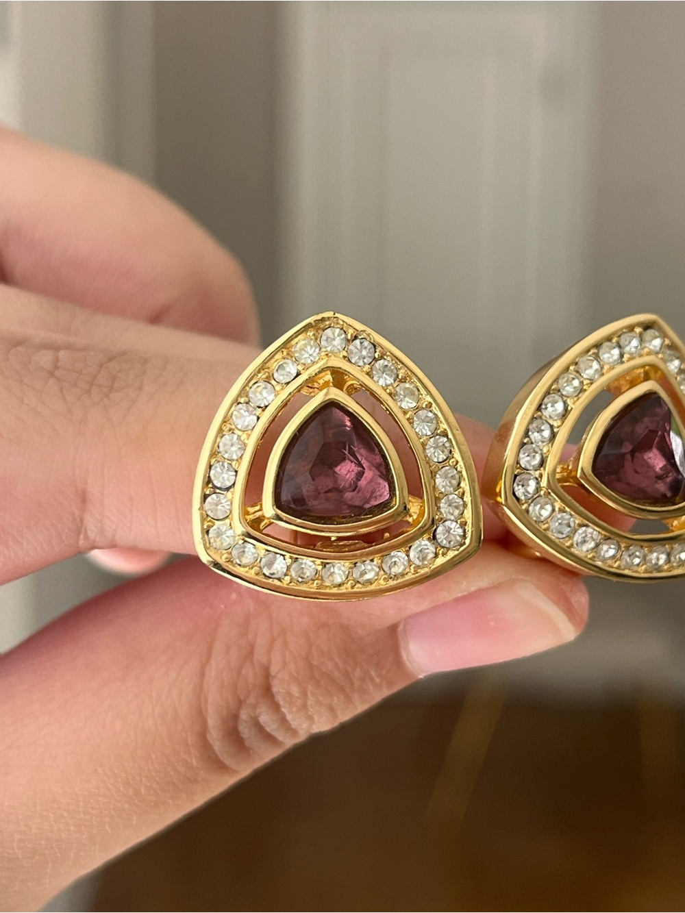 Authentic Vintage Dior Purple Brown Rhinestone Triangular Gold Clip-On Earrings - Picture 2 of 8